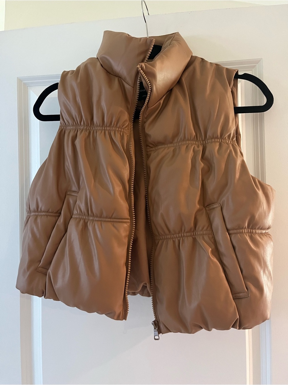 Tan Puffer Vest - Faux Leather Sleeveless Zip Front cropped